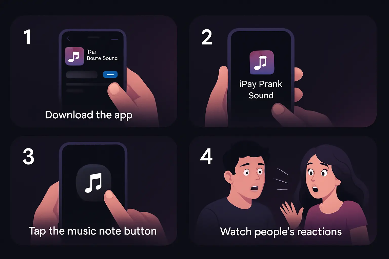 Step-by-step illustration of how to use the iPay Prank Sound app