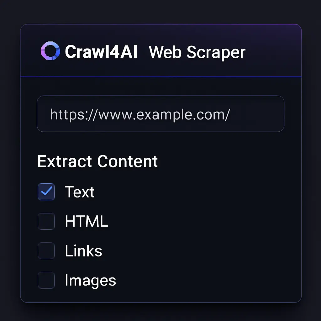 Crawl4AI Web Scraper interface showing URL input and content extraction options