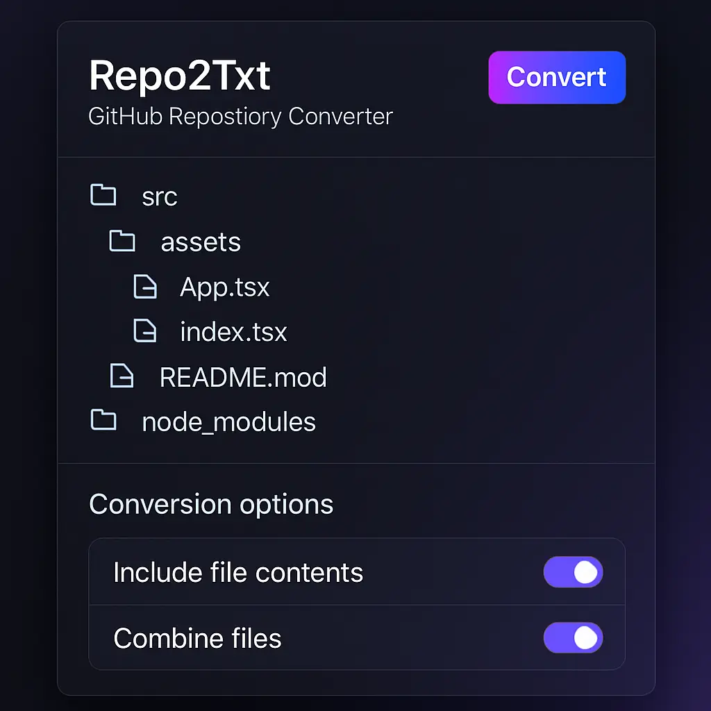 Repo2Txt GitHub Repository Converter interface showing repository structure and conversion options